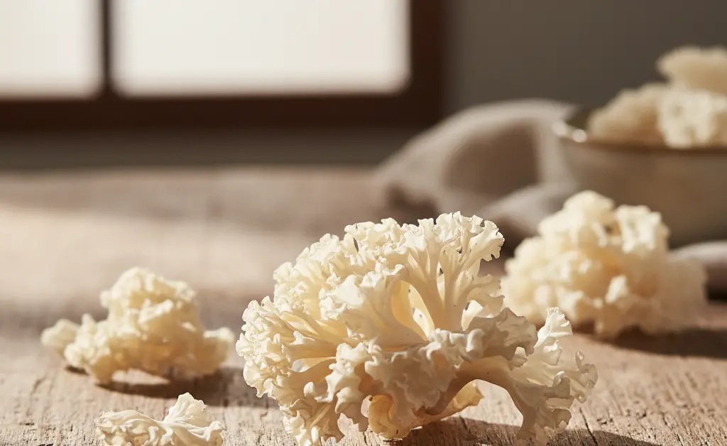 A visually appealing selection of dried tremella mushroom available to buy tremella mushroom for a natural wellness choice.
