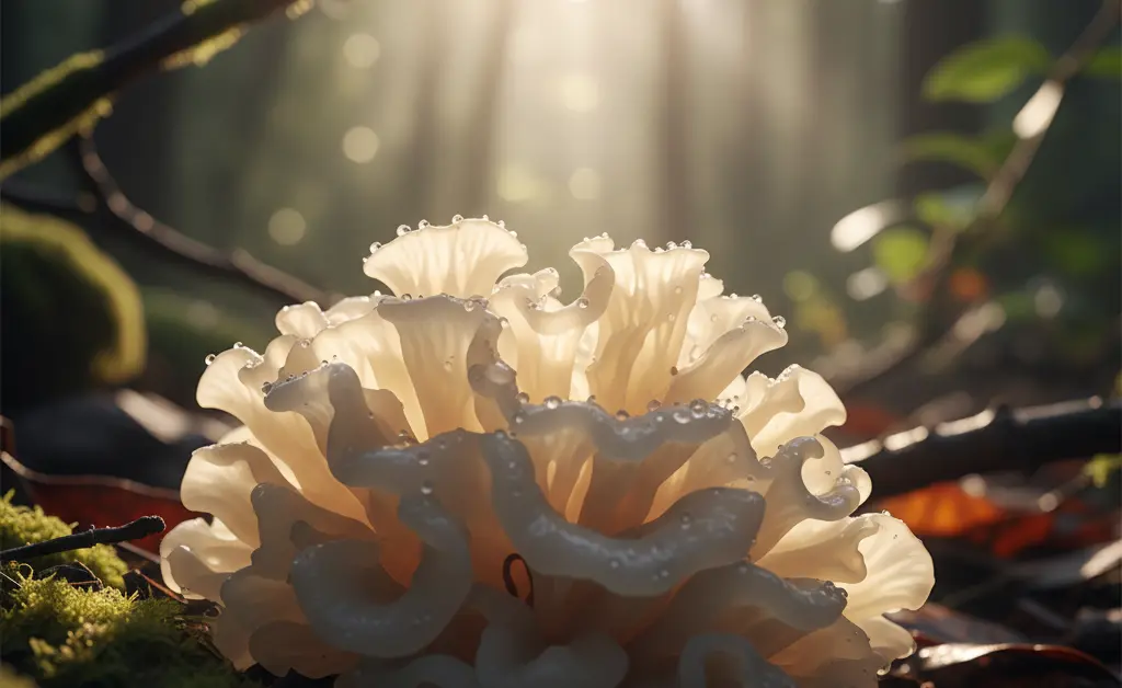 A close-up, soft-focus shot showcasing the delicate, ethereal texture of dirtea tremella mushroom, bathed in gentle morning light.