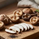 A beautifully arranged plate showcasing various stages and preparations of how to cook shiitake mushrooms.