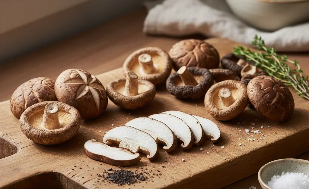 A beautifully arranged plate showcasing various stages and preparations of how to cook shiitake mushrooms.
