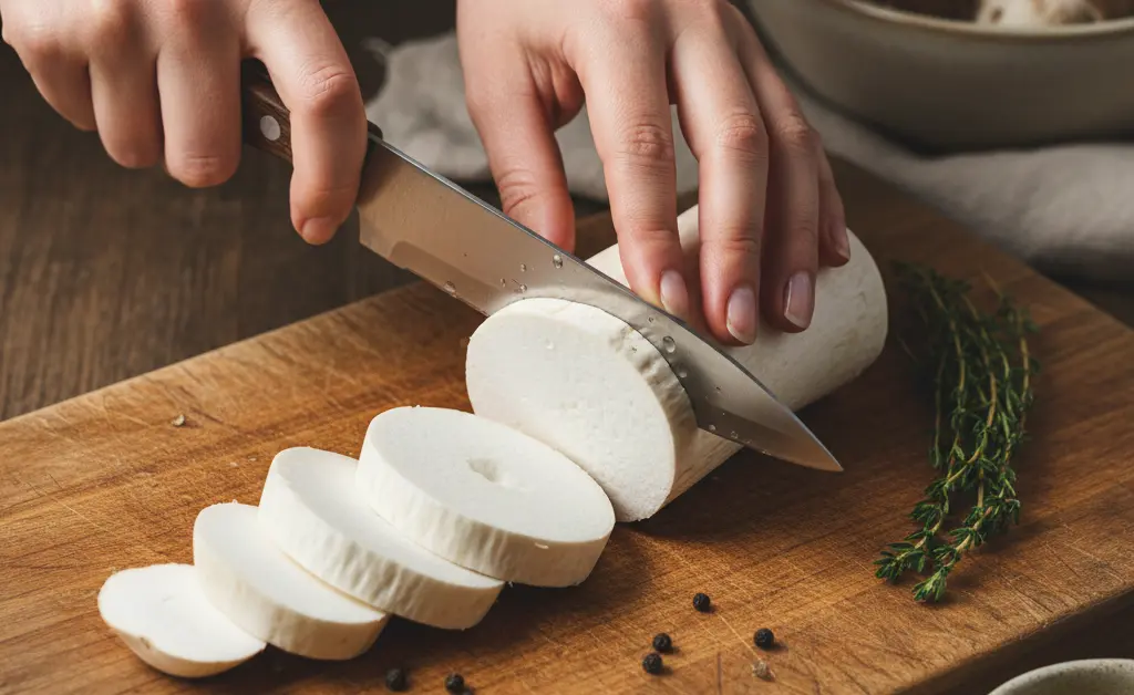 A close-up shot showcasing the expert technique of how to cut king oyster mushroom into uniform slices on a rustic wooden cutting board, emphasizing clarity and detail.