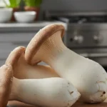 A close-up, photorealistic shot showcasing the unique texture and shape of a king oyster mushroom.