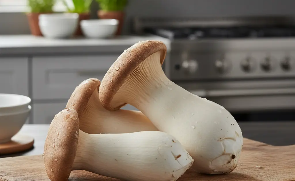 A close-up, photorealistic shot showcasing the unique texture and shape of a king oyster mushroom.