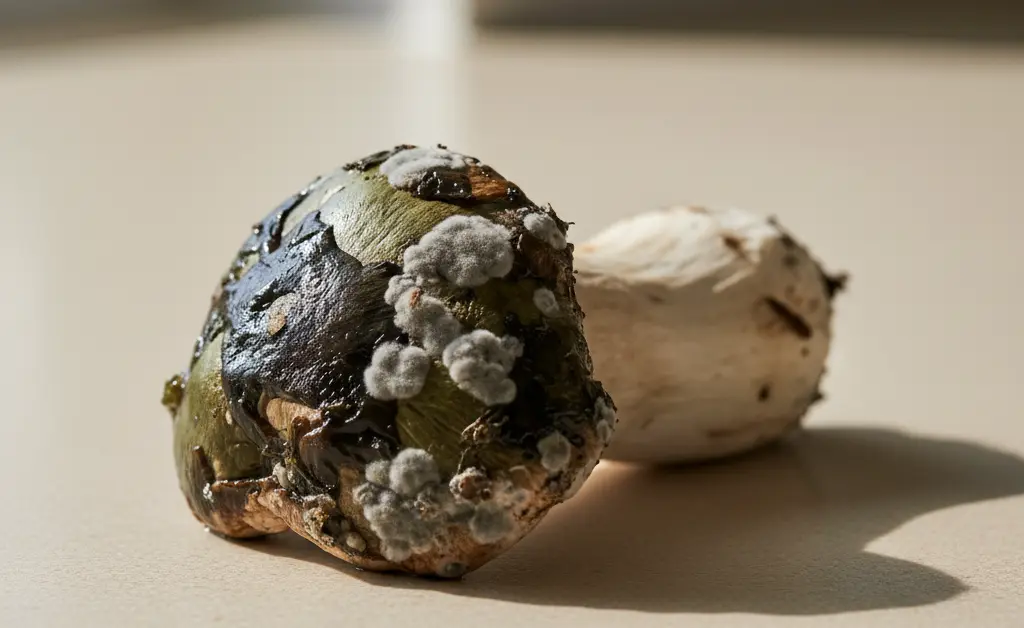 A close-up, editorial photograph clearly showing the signs of a king oyster mushroom gone bad, with visible mold and discoloration.
