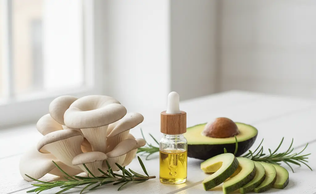 A visually appealing flat lay showcasing fresh oyster mushrooms alongside natural skincare ingredients, highlighting the oyster mushroom benefits for skin and hair.