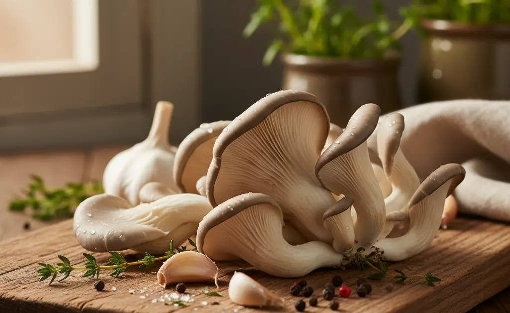 A vibrant and artfully arranged display showcasing the versatility of the oyster mushroom for specific conditions, highlighting its natural textures and subtle colors.