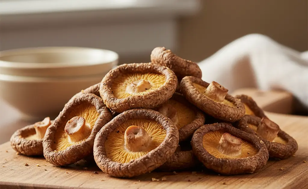 A close-up, overhead shot showcases golden-brown, crispy shiitake mushroom air fryer pieces arranged artfully on a rustic wooden board.