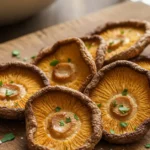 A close-up, overhead shot showcases perfectly golden and crispy shiitake mushroom air fryer pieces arranged artfully on a rustic wooden board, ready to be served.