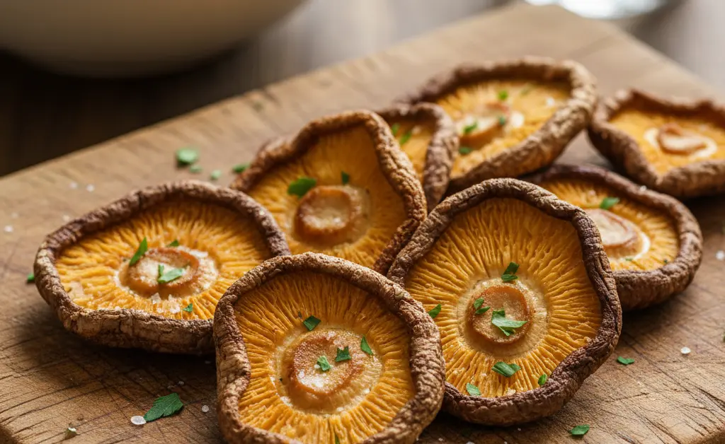 A close-up, overhead shot showcases perfectly golden and crispy shiitake mushroom air fryer pieces arranged artfully on a rustic wooden board, ready to be served.