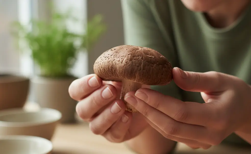 A close-up, photorealistic image showcasing an individual gently examining a shiitake mushroom, with a subtle expression of concern, suggesting the potential for a shiitake mushroom allergy.