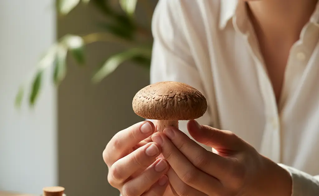 A visually descriptive image showing a person looking thoughtfully at a shiitake mushroom, symbolizing the awareness of a potential shiitake mushroom allergy.