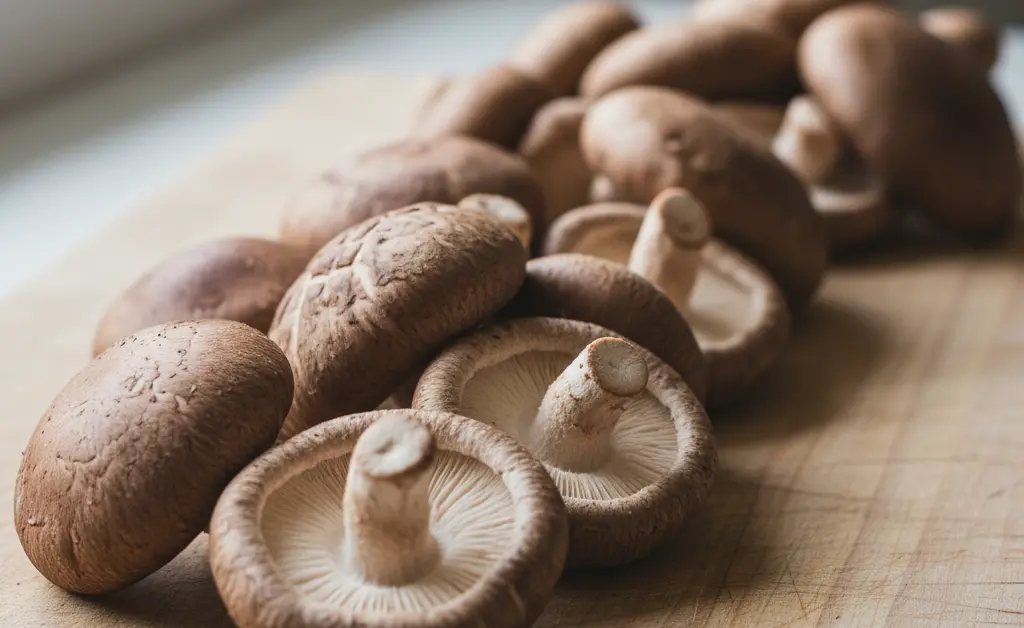 A close-up, natural light photograph featuring various fresh shiitake mushrooms, subtly hinting at the potential for shiitake mushroom allergy.