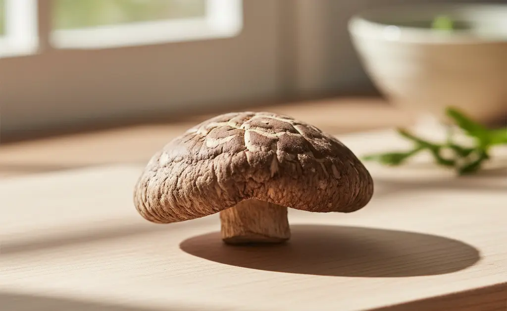 A close-up, natural light photograph showcasing a small, isolated shiitake mushroom, suggesting a focus on potential issues like a shiitake mushroom allergy, set against a softly blurred kitchen background.