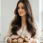 A healthy woman with vibrant, shiny hair looking thoughtfully at a selection of fresh shiitake mushrooms, illustrating the shiitake mushroom benefits for hair.