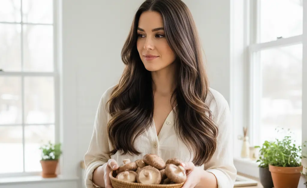 A healthy woman with vibrant, shiny hair looking thoughtfully at a selection of fresh shiitake mushrooms, illustrating the shiitake mushroom benefits for hair.