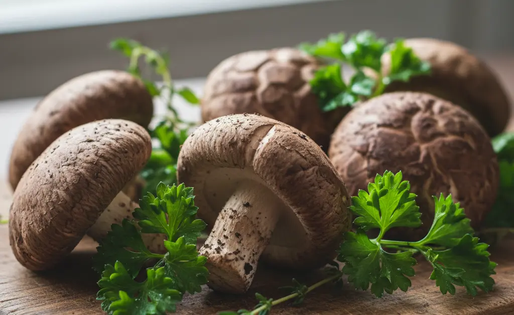 A close-up, macro photograph showcasing fresh shiitake mushrooms alongside vibrant green herbs, illustrating the shiitake mushroom benefits for liver health.