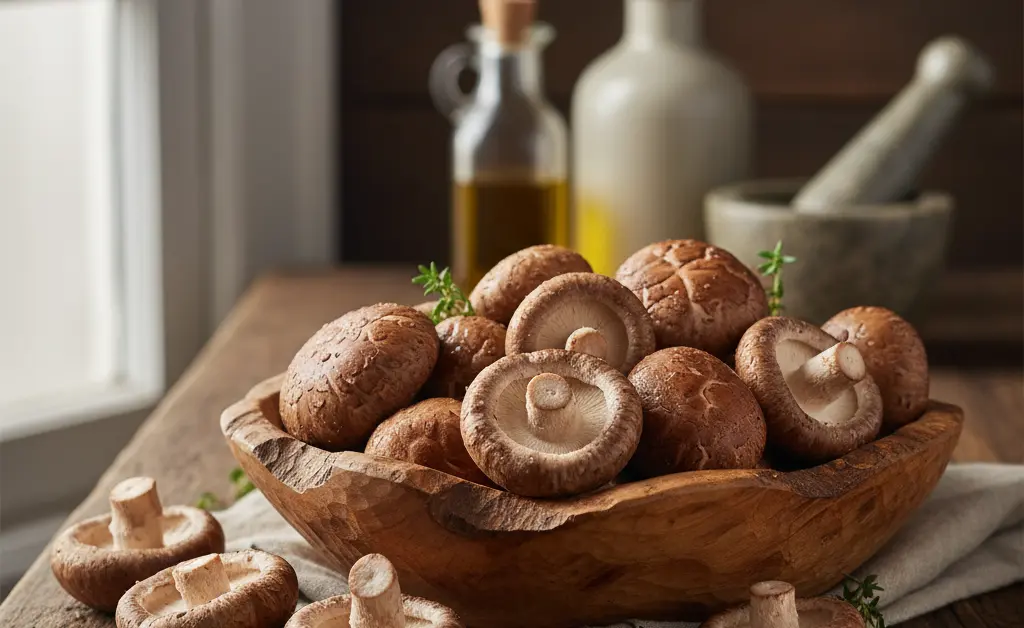 A vibrant, artfully arranged display of fresh shiitake mushrooms, symbolizing the diverse shiitake mushroom benefits for men.