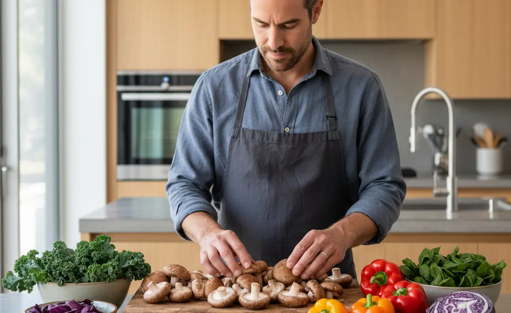 A thoughtful man is shown in a bright, modern kitchen, contemplating healthy ingredients, with a visually appealing arrangement of fresh shiitake mushrooms nearby, subtly hinting at shiitake mushroom benefits for men.
