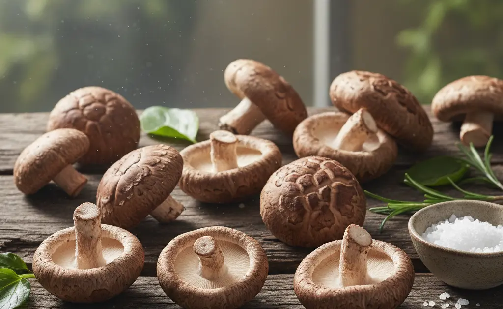 A serene close-up shot highlighting the natural beauty and intricacy of shiitake mushrooms, emphasizing the shiitake mushroom benefits for skin.