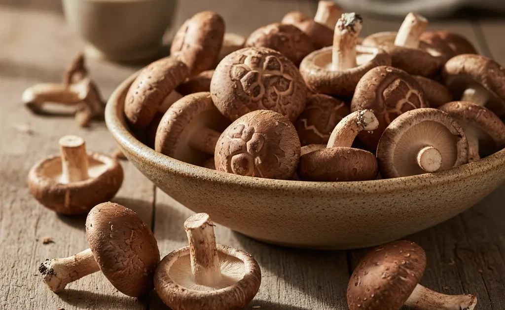 A beautifully arranged plate showcasing fresh shiitake mushrooms, highlighting the shiitake mushroom benefits for women.