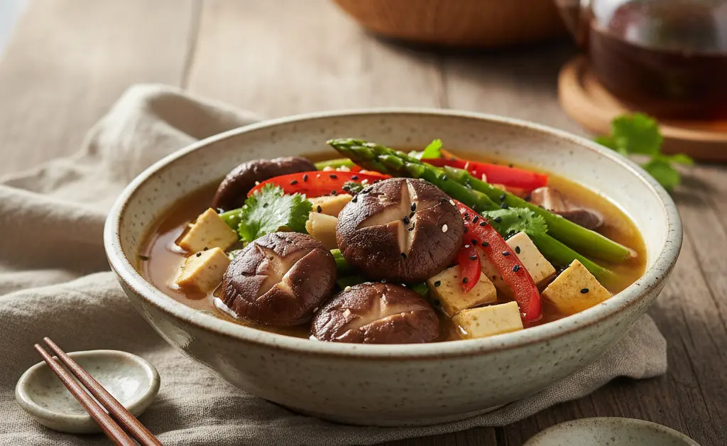 A visually appealing and healthy bowl of shiitake mushroom dishes showcasing the shiitake mushroom benefits for women.