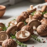 A visually appealing spread of fresh shiitake mushrooms on a rustic wooden surface, highlighting shiitake mushroom calories.