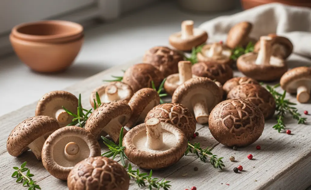A visually appealing spread of fresh shiitake mushrooms on a rustic wooden surface, highlighting shiitake mushroom calories.