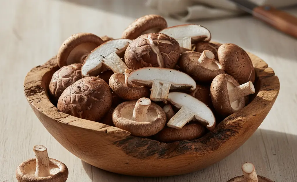 A vibrant, overhead shot of fresh shiitake mushroom calories in a wooden bowl, bathed in soft, natural light, ready for healthy cooking.