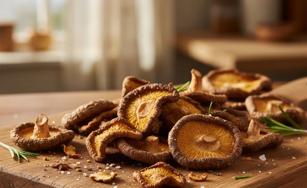 A close-up, visually appealing display of savory shiitake mushroom crisps arranged artfully on a rustic wooden board, showcasing their crispy texture and natural, earthy tones.