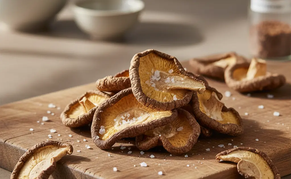 A visually appealing display of delicious shiitake mushroom crisps, highlighting their natural texture and savory appeal.