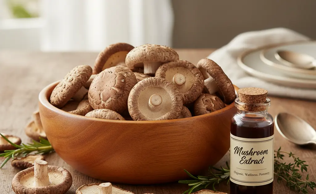 A visually appealing display showcasing the shiitake mushroom extract benefits through natural ingredients.