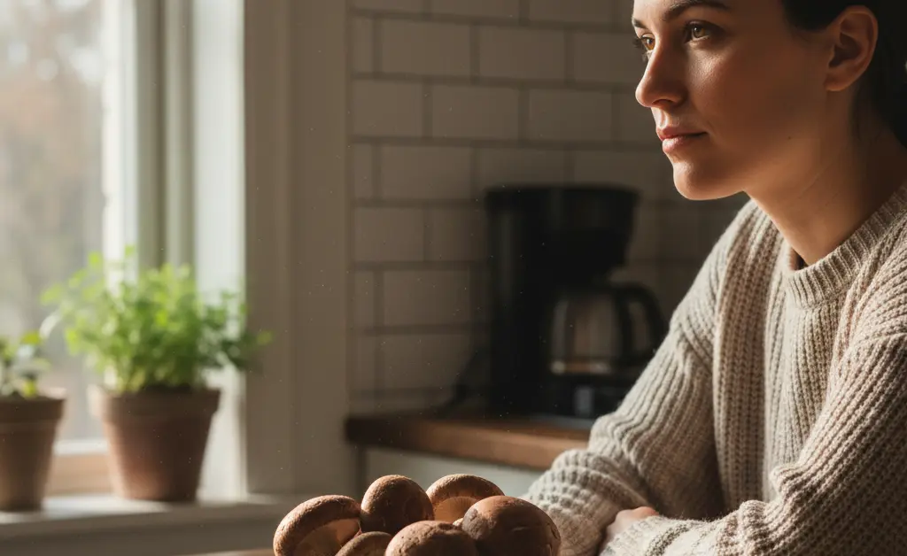 A calm individual gently examining fresh shiitake mushrooms, contemplating potential shiitake mushroom extract side effects.