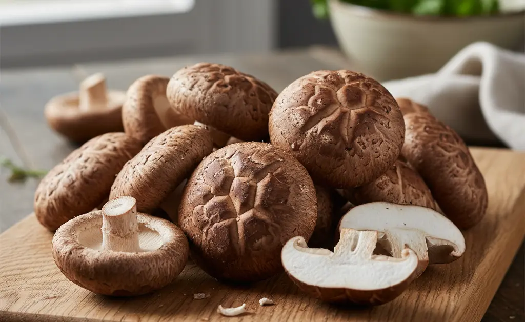 A close-up, artfully arranged display showcases the earthy textures and rich, deep brown caps of fresh shiitake mushroom.