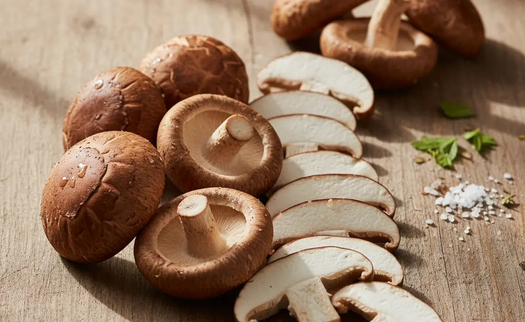 A close-up, photorealistic shot showcases the earthy texture and rich brown hue of fresh shiitake mushroom slices, highlighting the visual appeal of shiitake mushroom fiber.