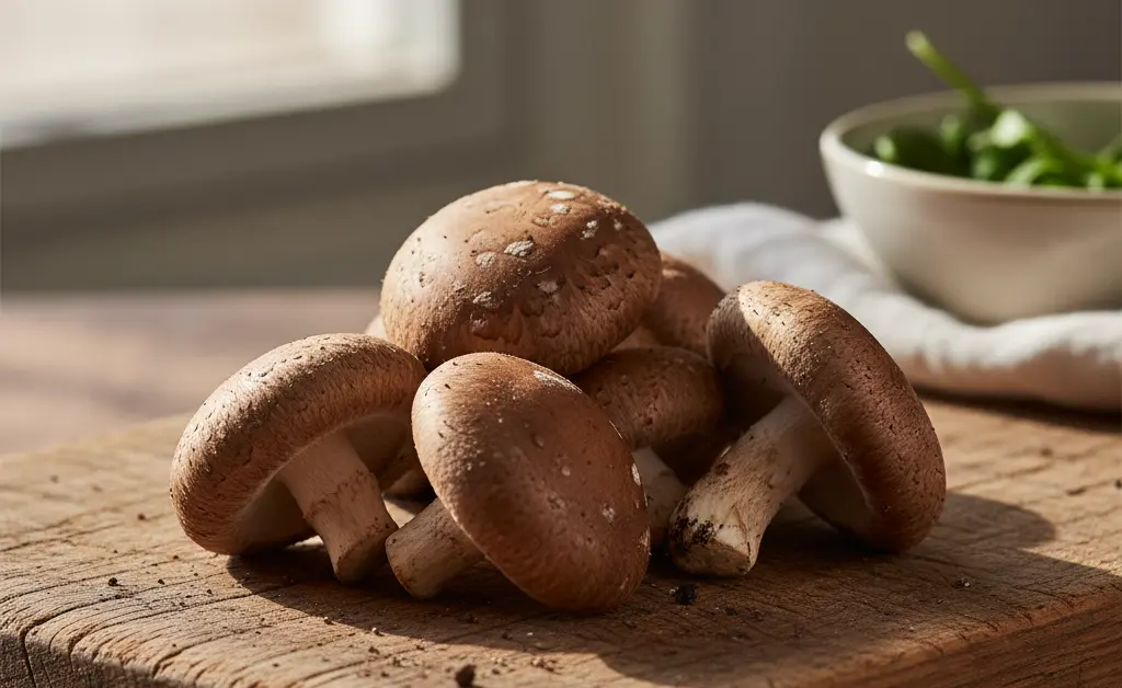 A close-up, natural light photograph showcasing fresh shiitake mushroom for diabetes management, highlighting their earthy texture and vibrant color.