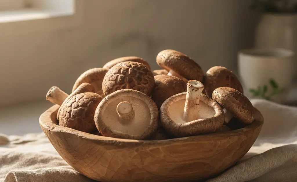 A close-up, artistically arranged bowl of fresh shiitake mushrooms, symbolizing the potential benefits of shiitake mushroom for kidney health.