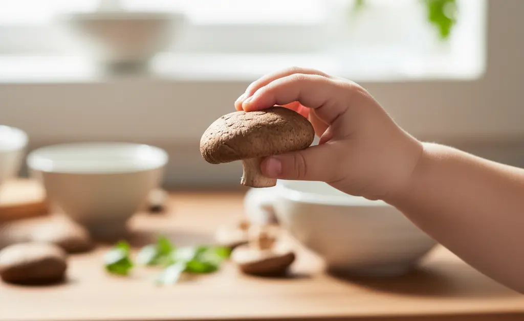 A close-up, softly lit photograph showcasing a child's hand gently holding a cooked shiitake mushroom, illustrating the safety of shiitake mushroom for kids.