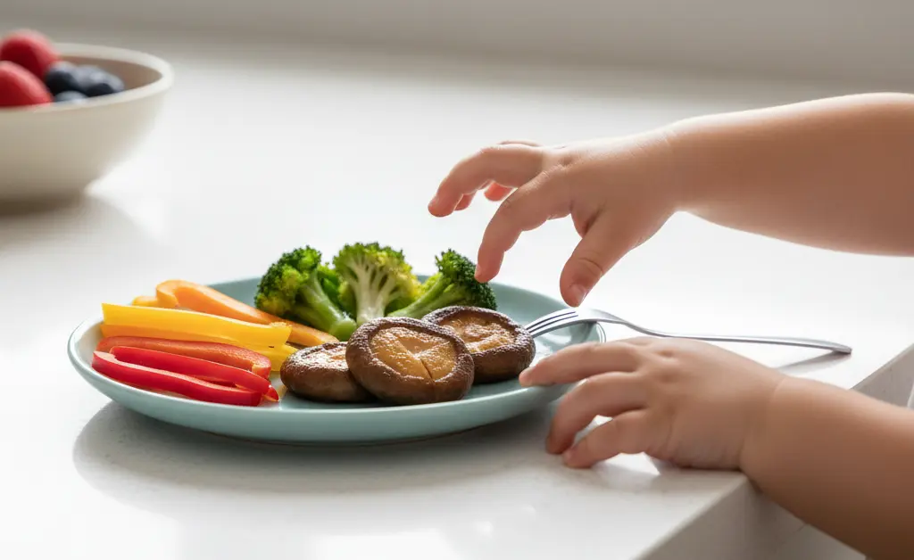 A child happily exploring a plate featuring various healthy food options, including a small portion of shiitake mushroom for kids.