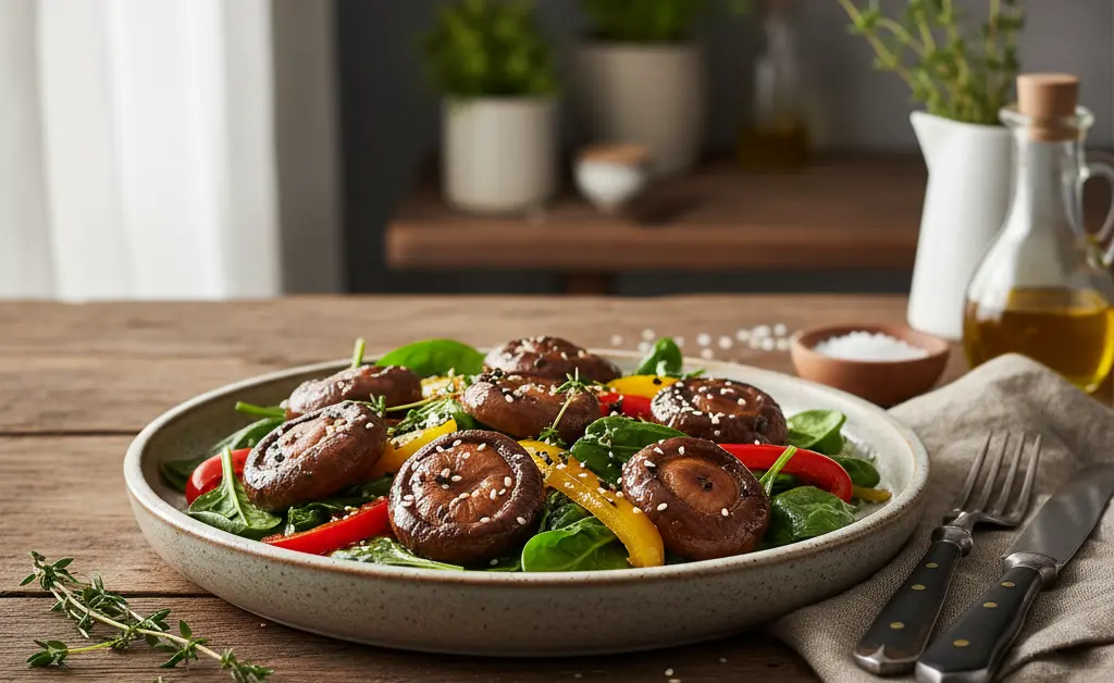 A balanced diet featuring shiitake mushroom for weight loss is presented in an appealing and natural arrangement.