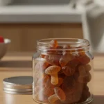 A close-up, naturally lit shot showcasing a clear glass jar filled with vibrant, chewy shiitake mushroom gummies, hinting at their shiitake mushroom gummies benefits.