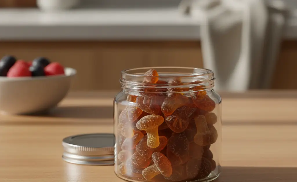A close-up, naturally lit shot showcasing a clear glass jar filled with vibrant, chewy shiitake mushroom gummies, hinting at their shiitake mushroom gummies benefits.