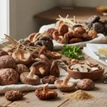 A vibrant, overhead shot showcasing the diverse shiitake mushroom nutrition facts, featuring fresh and dried mushrooms artfully arranged.