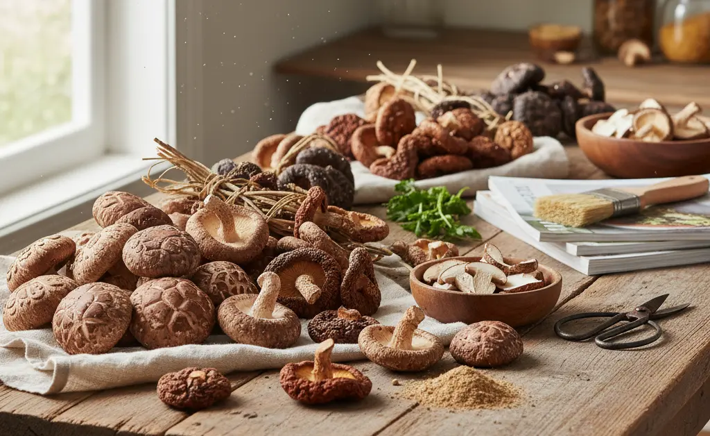 A vibrant, overhead shot showcasing the diverse shiitake mushroom nutrition facts, featuring fresh and dried mushrooms artfully arranged.