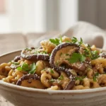 A beautifully plated bowl of shiitake mushroom pasta, showcasing fresh ingredients and appetizing texture.