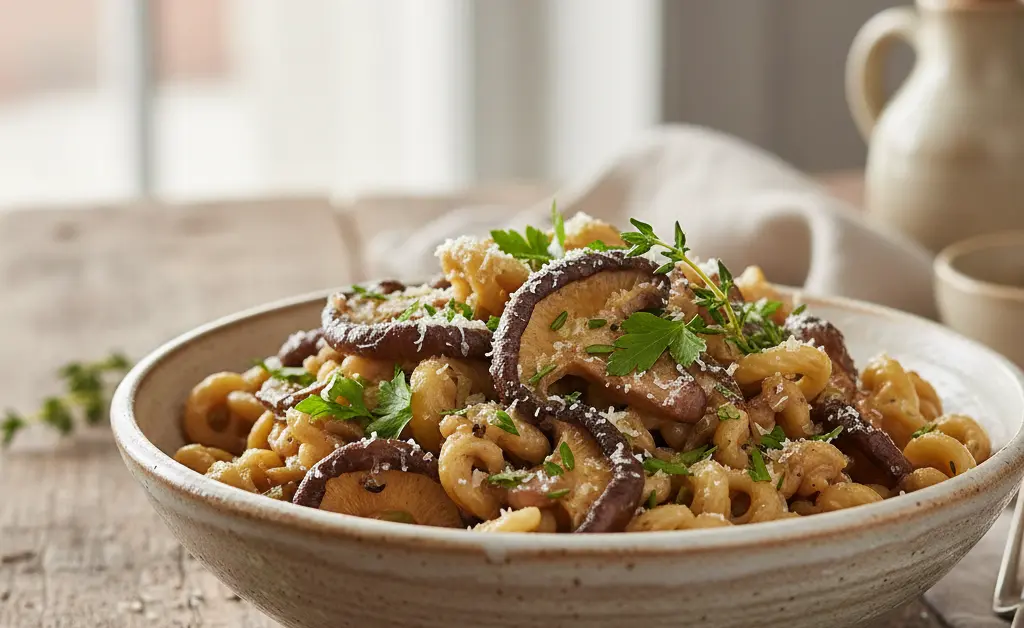 A beautifully plated bowl of shiitake mushroom pasta, showcasing fresh ingredients and appetizing texture.