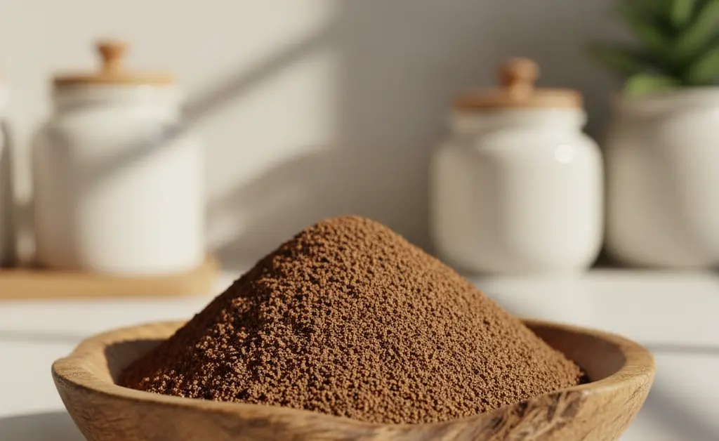 A close-up, photorealistic shot of a small wooden bowl filled with rich, earthy shiitake mushroom powder, bathed in soft, natural light.