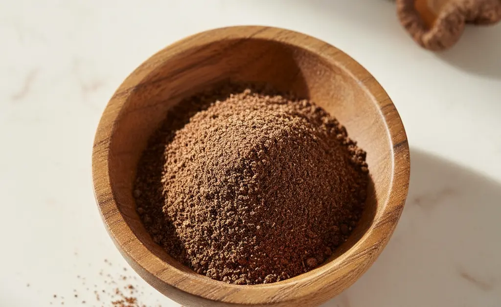 A vibrant, earthy bowl of shiitake mushroom powder ready for culinary use.