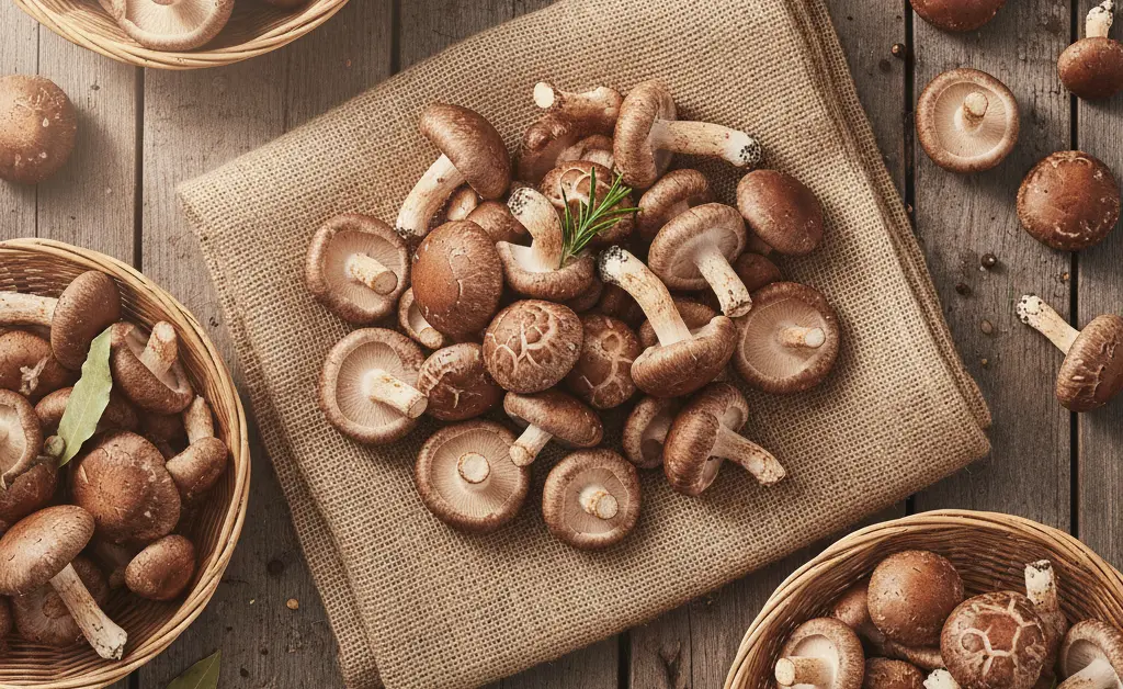 A close-up, overhead shot of fresh shiitake mushrooms displaying the visual factors that influence shiitake mushroom price.