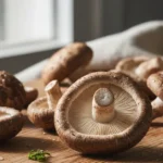 A close-up, artistic shot highlighting the natural texture and rich brown color of shiitake mushroom slices, emphasizing the shiitake mushroom protein content within them.