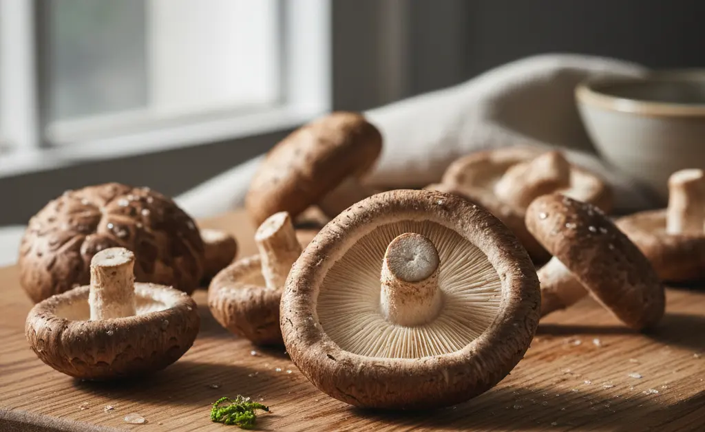 A close-up, artistic shot highlighting the natural texture and rich brown color of shiitake mushroom slices, emphasizing the shiitake mushroom protein content within them.